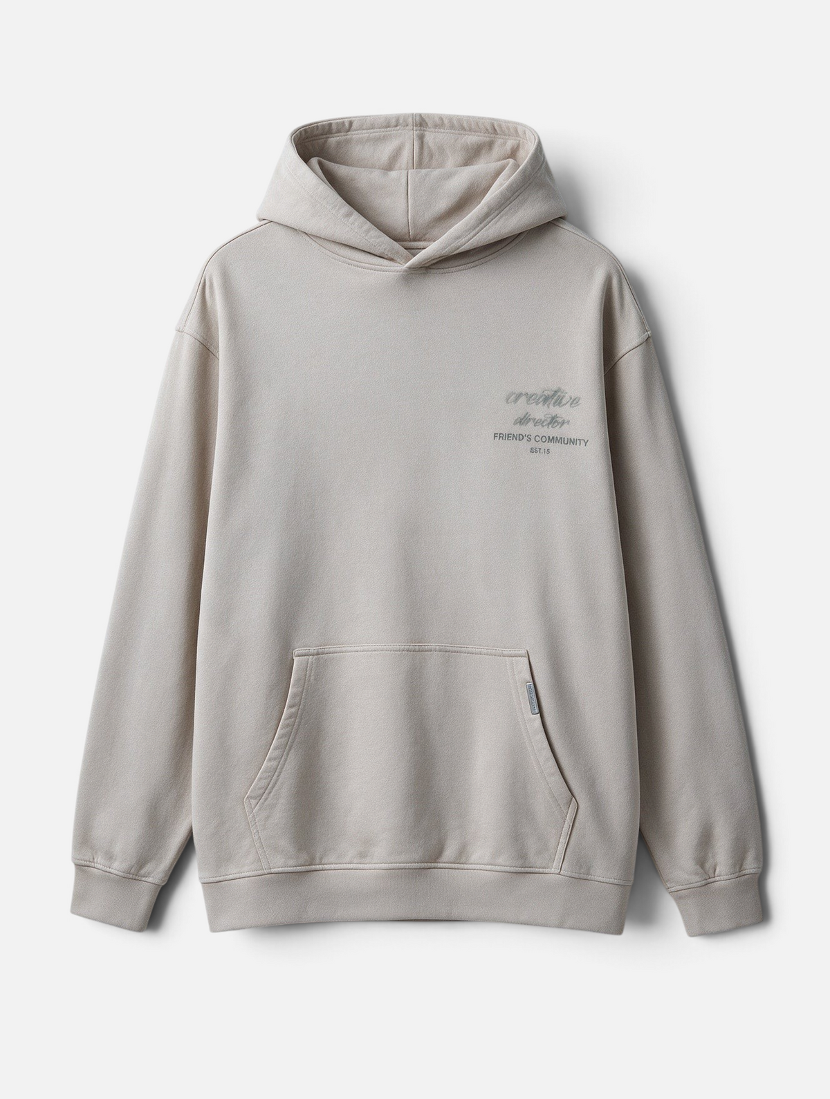 Mainstreamonline Luminous oversized beige hoodie with creative director graphic print and front kangaroo pocket
