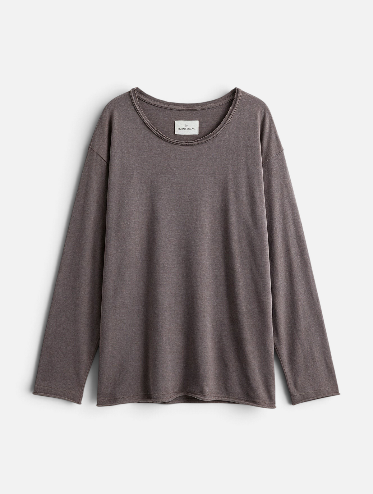 Mainstreamonline Bali long sleeve oversized t-shirt in dark grey with a relaxed fit and raw edge neckline