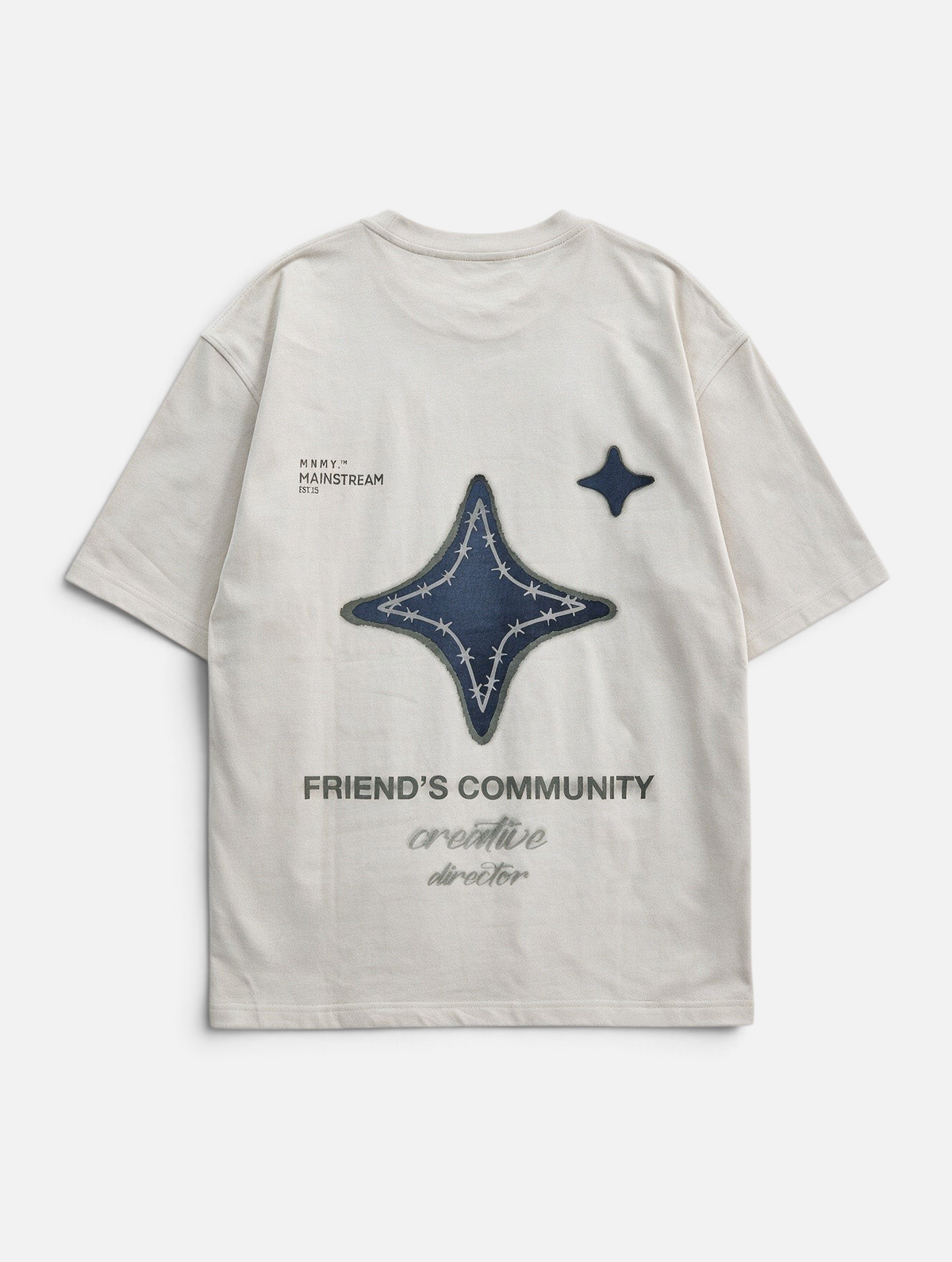 Mainstreamonline oversized beige t-shirt with navy blue star graphic print and Friend's Community text on back