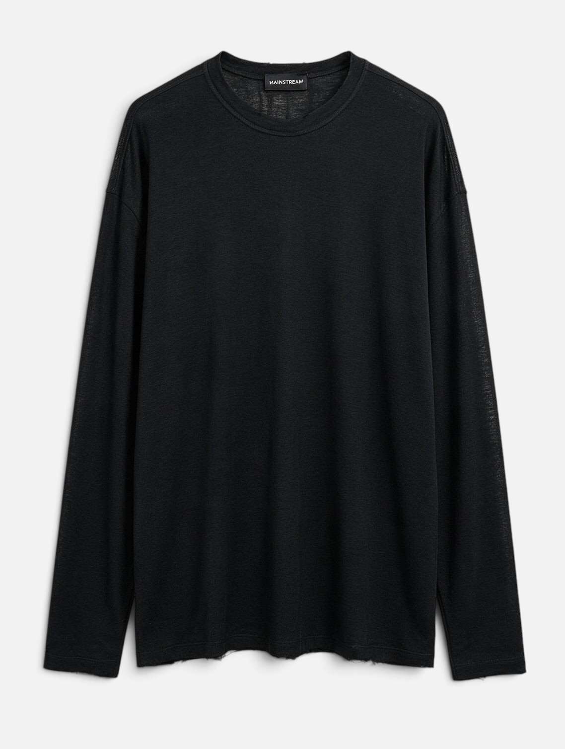 Mainstreamonline black long sleeve linen t-shirt with a relaxed oversized fit and raw distressed hem detail.