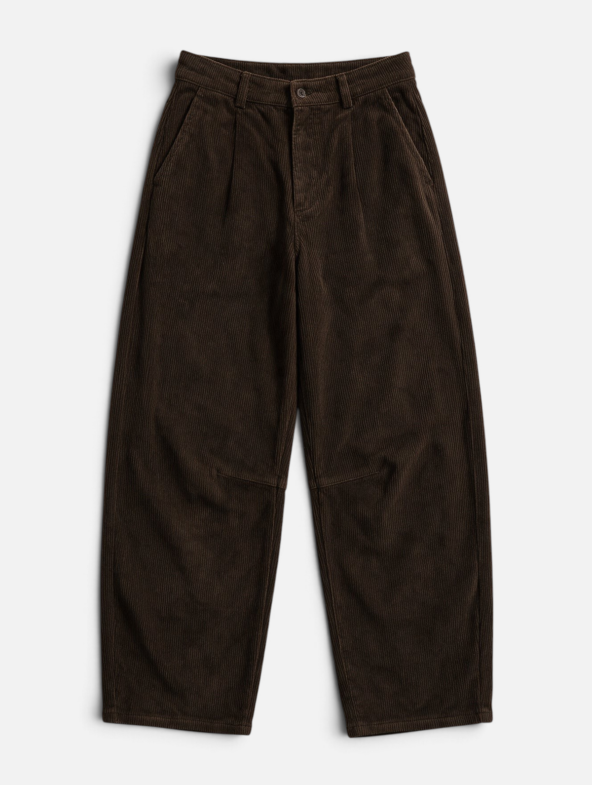 Mainstreamonline brown corduroy baggy pants with a loose, relaxed fit and pleated waist detail.