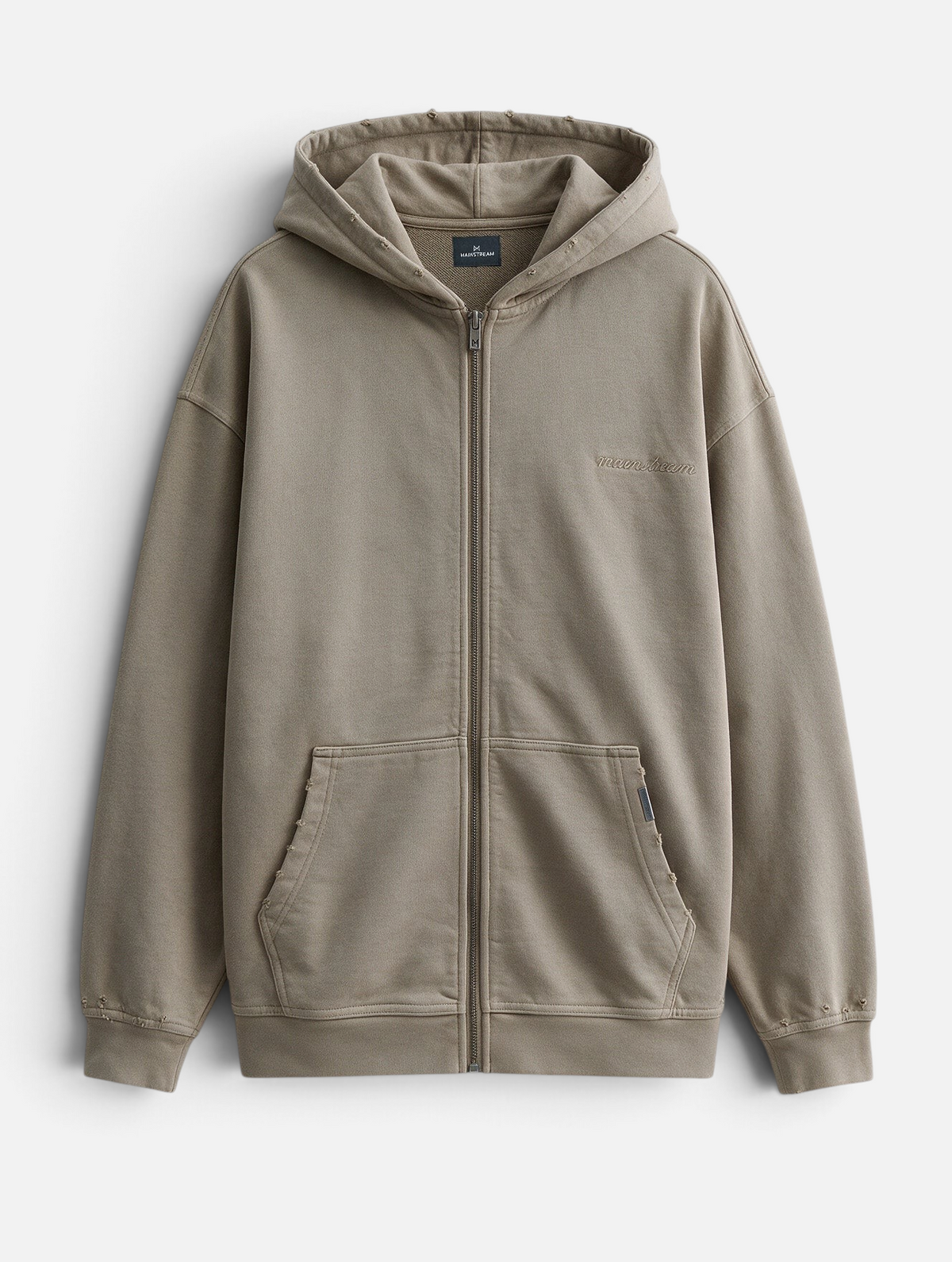 Mainstreamonline Rifts oversized zip-up hoodie in taupe with distressed hem and cuffs and embroidered logo detail.