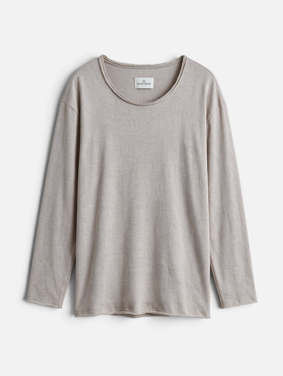 Mainstreamonline beige long sleeve oversized Bali t-shirt with a raw edge neckline and relaxed fit
