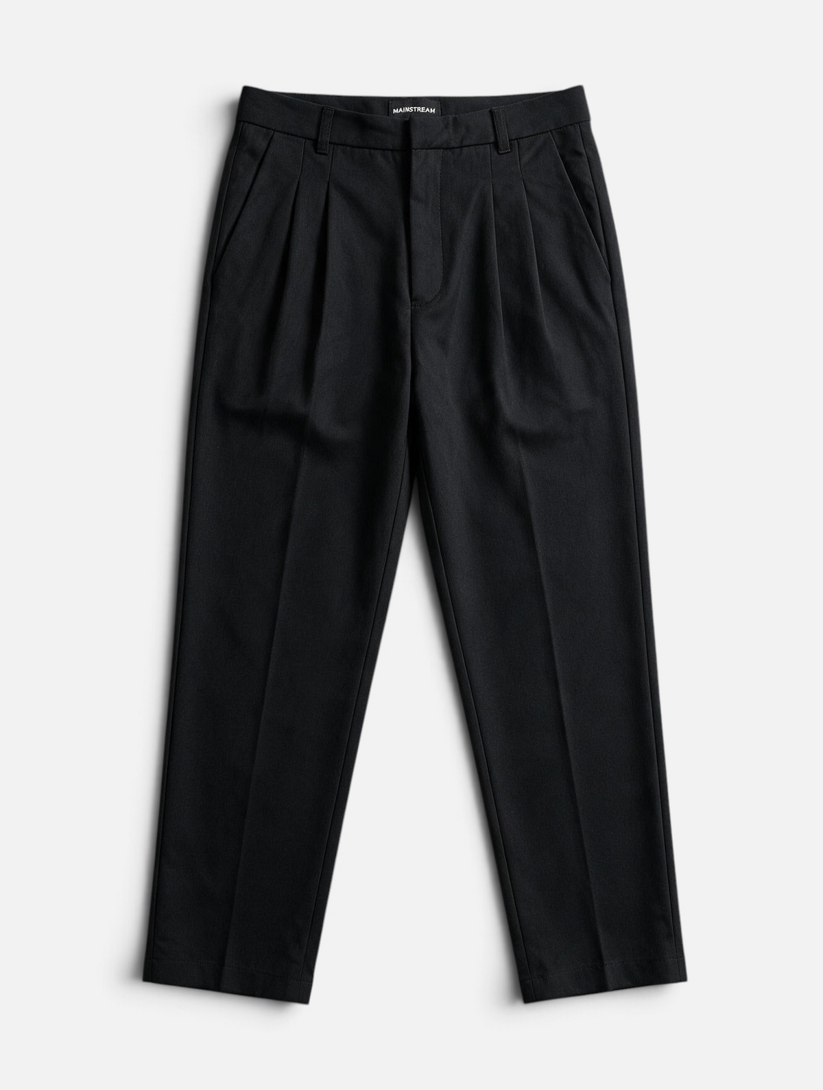 Mainstreamonline black Max elegant trousers with a relaxed, moderate oversized fit and pleated front detail.