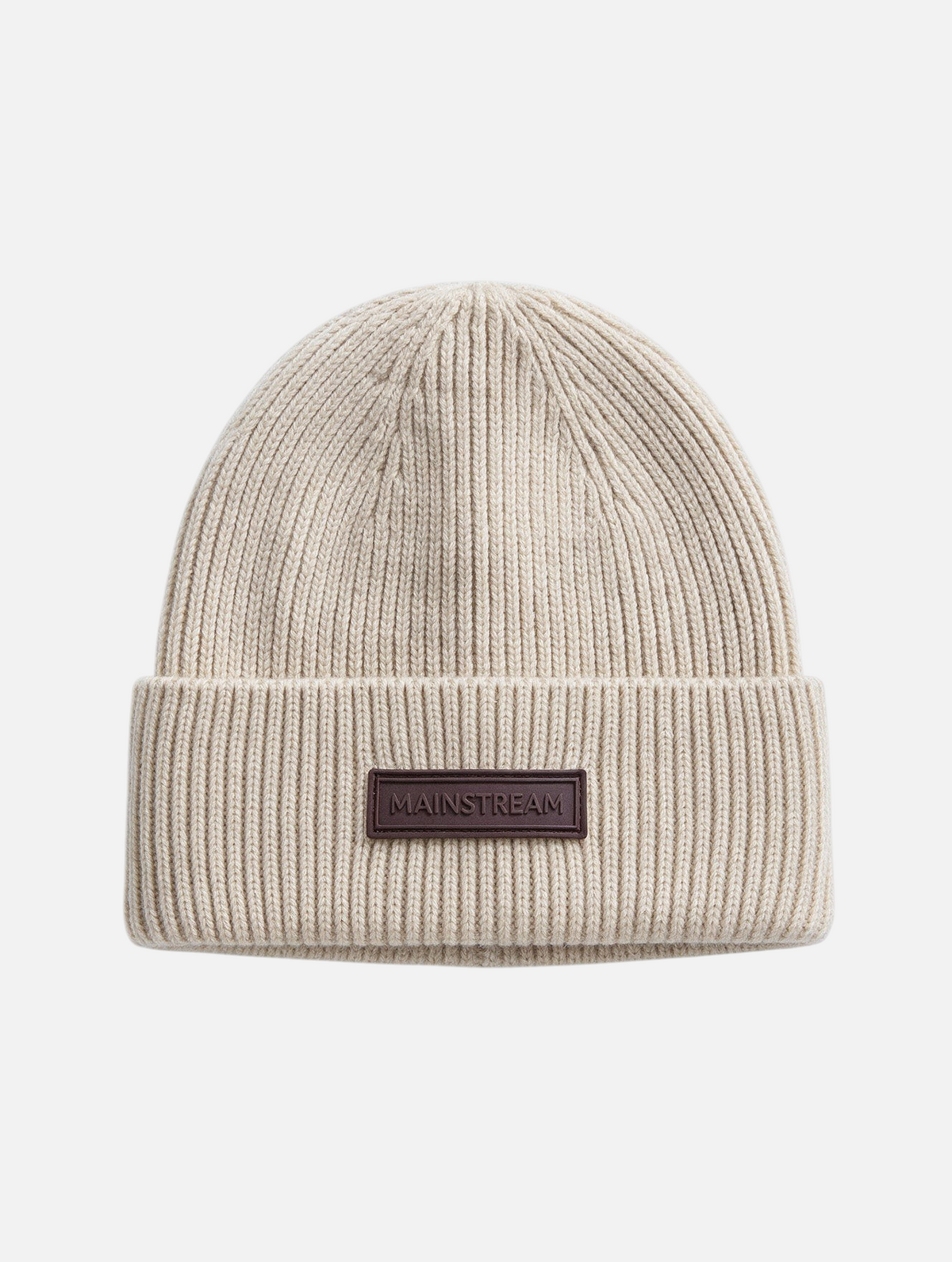 Mainstreamonline beige ribbed knit wool beanie with a brown leather logo patch on the cuff