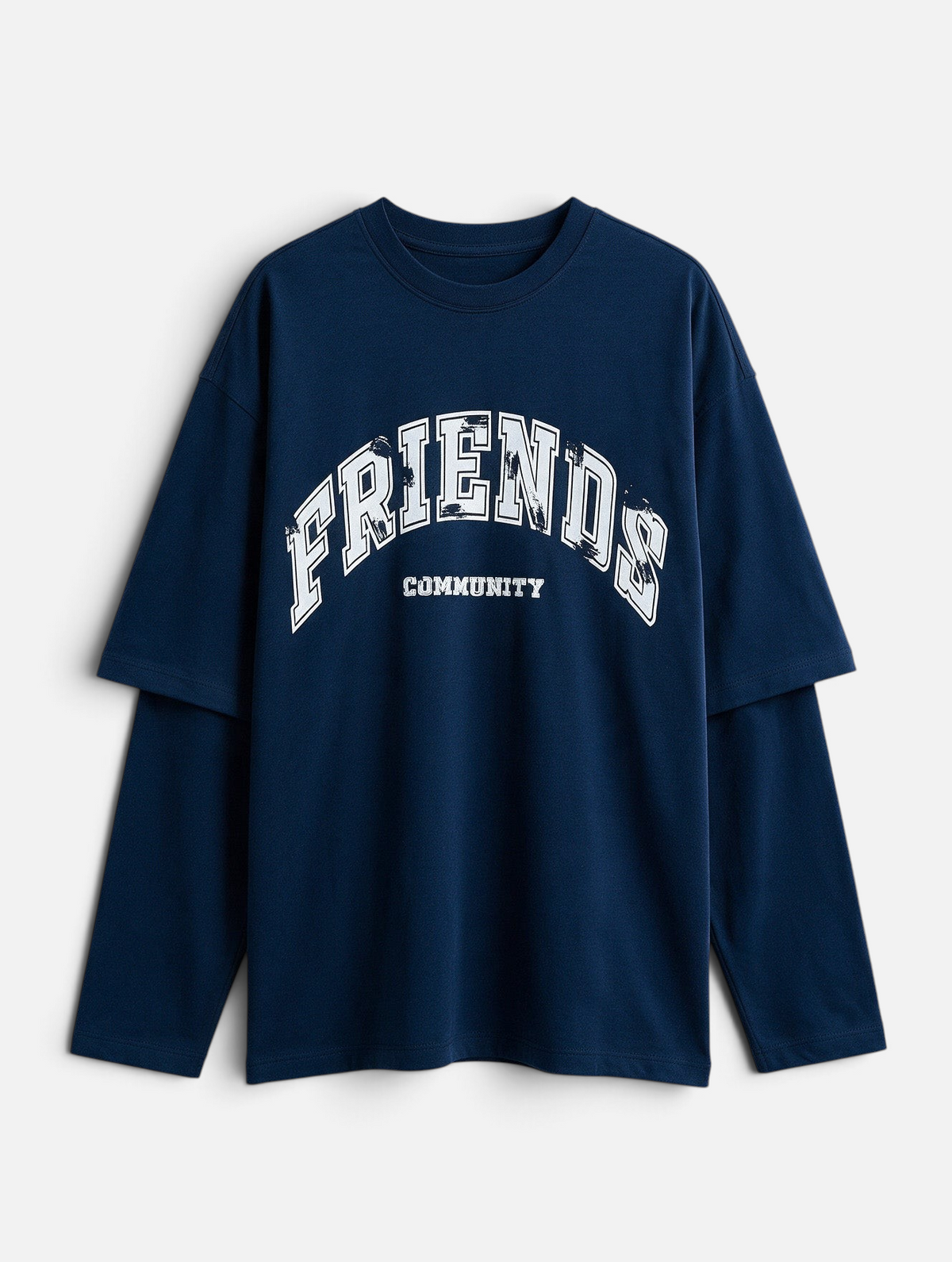 Mainstreamonline navy blue oversized long sleeve T-shirt with white Friends Community graphic print