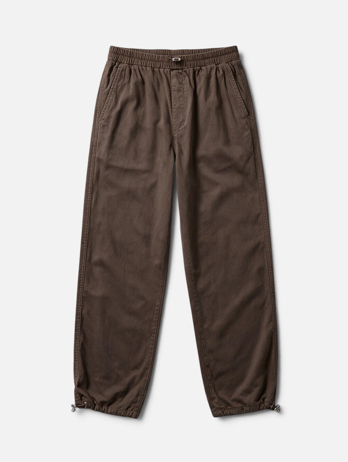 Mainstreamonline brown baggy jeans with an elastic waistband and adjustable drawstring cuffs for a relaxed fit.