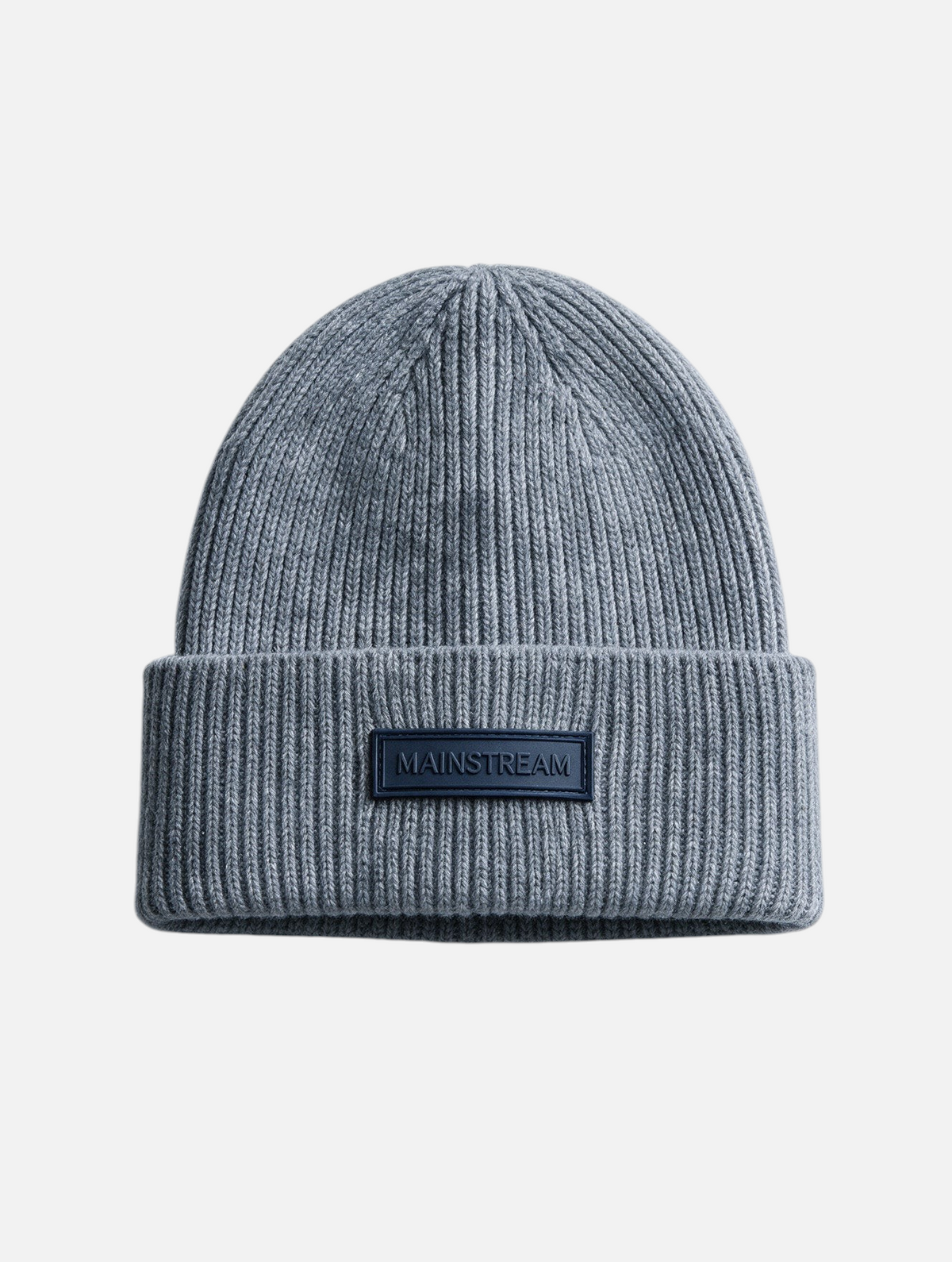 Mainstreamonline grey ribbed wool beanie with a branded rectangular patch on the folded cuff