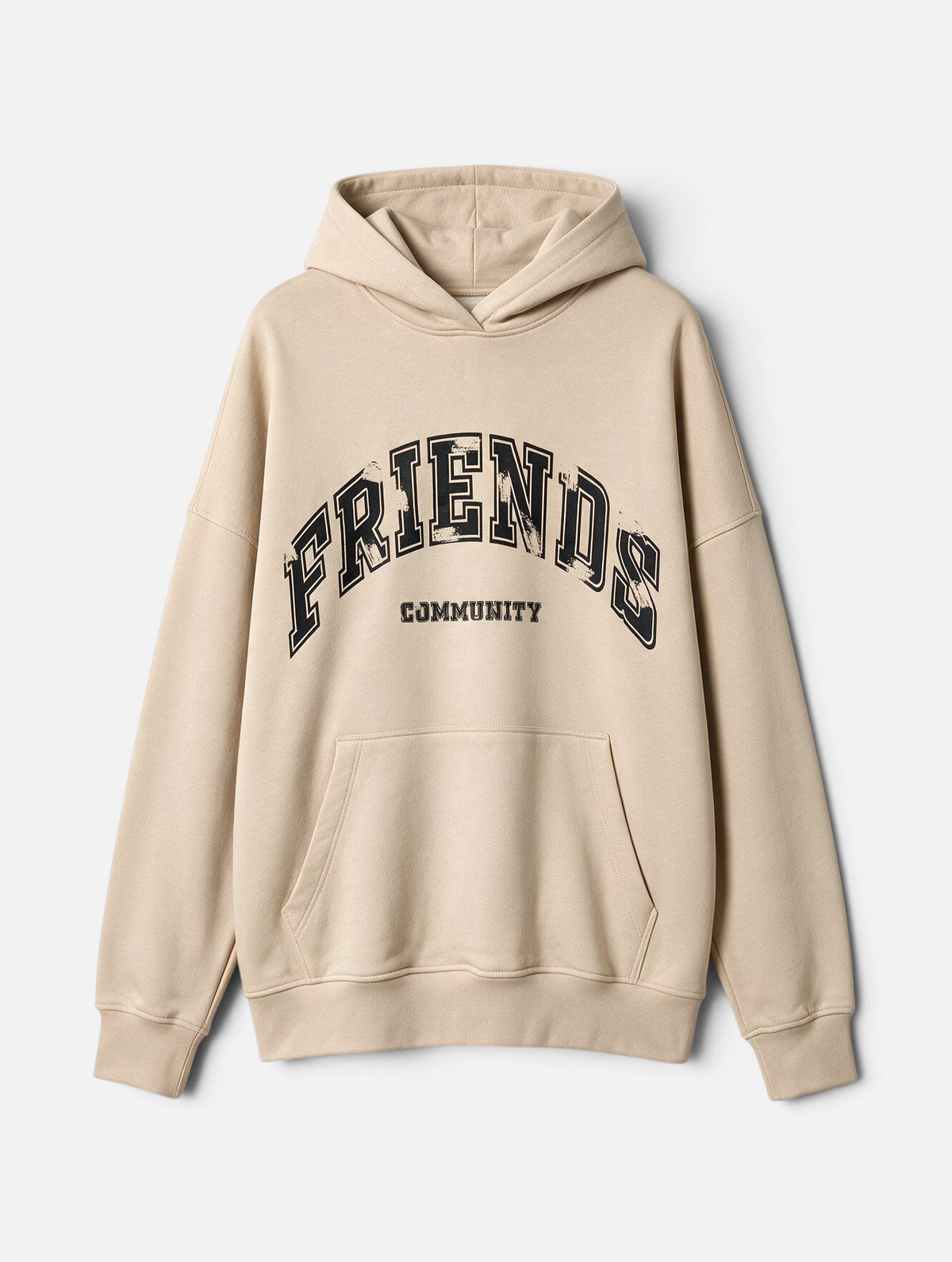 Mainstreamonline beige oversized hoodie with Friends Community graphic print and front kangaroo pocket
