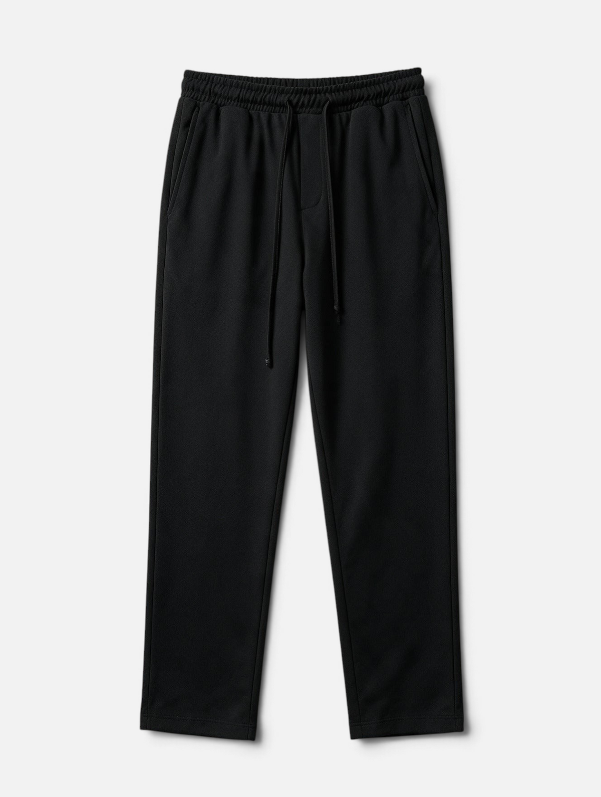 Mainstreamonline Sol casual black straight-leg trousers with an elasticated drawstring waist and side pockets.