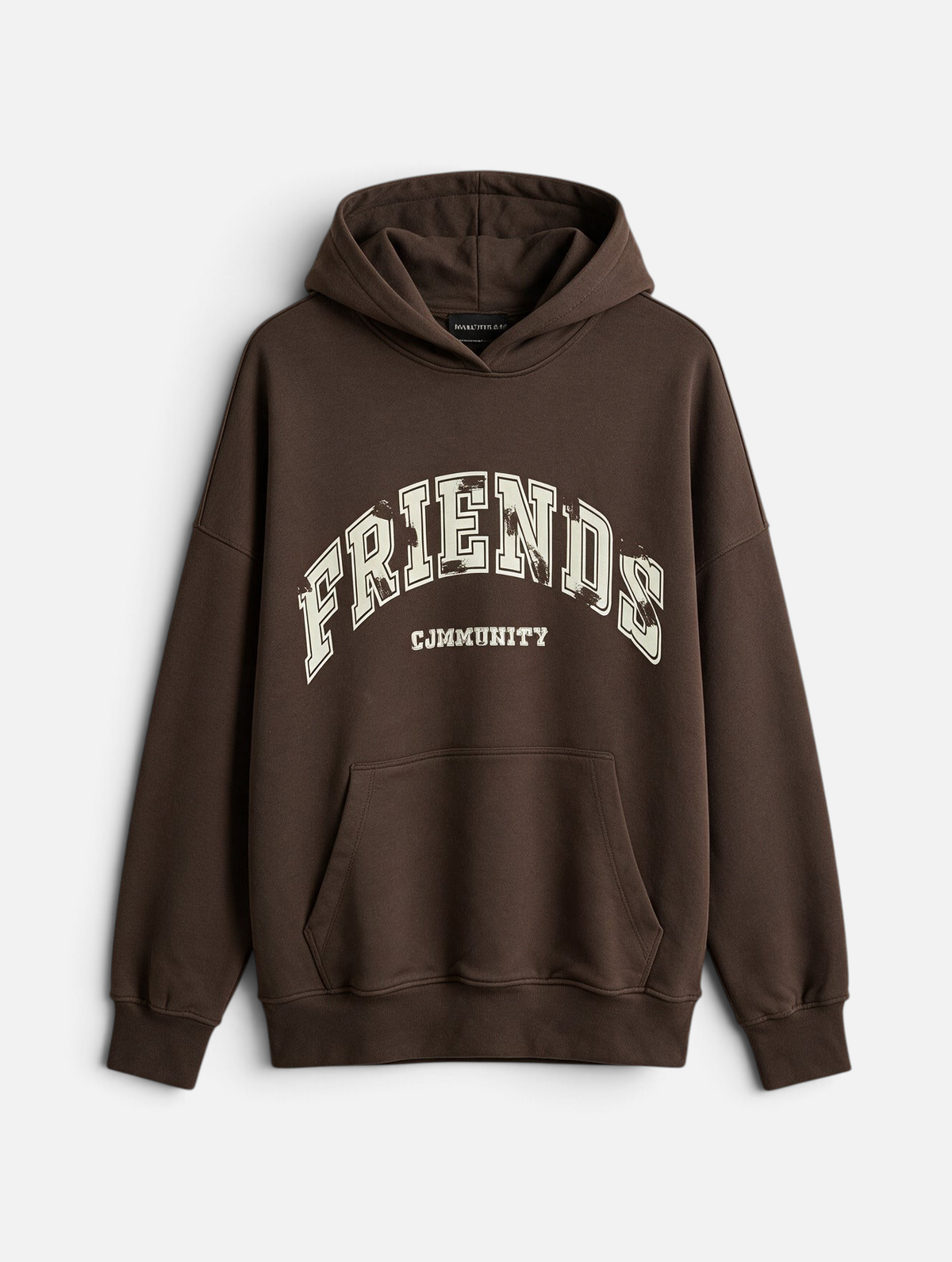 Mainstreamonline brown oversized hoodie with Friends Community graphic print and front kangaroo pocket