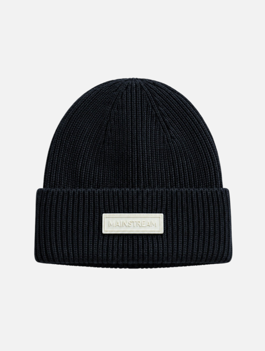 Mainstreamonline black ribbed knit beanie with a rectangular logo patch on the folded cuff