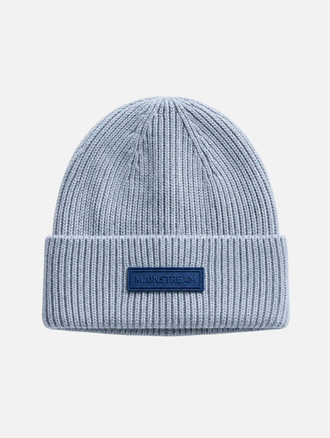 Mainstreamonline light blue ribbed knit wool beanie with a rectangular branded patch on the cuff