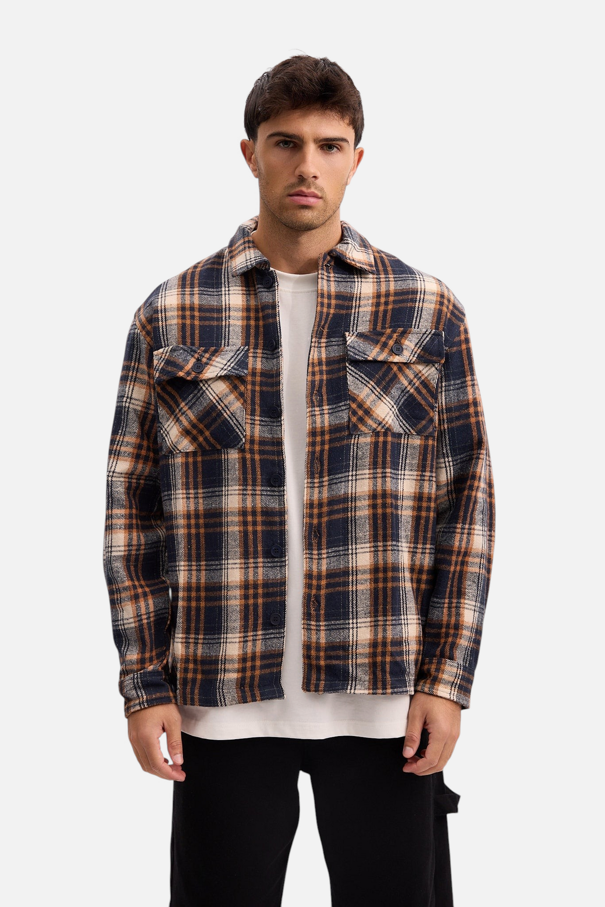 Mainstreamonline plaid jacket in navy and tan worn by a man over a white t-shirt, featuring a classic straight fit.