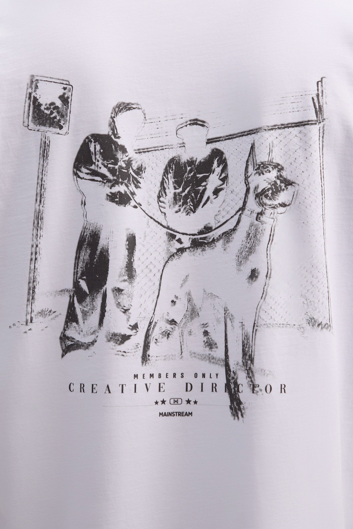 Mainstreamonline white oversized t-shirt featuring a subtle graphic print of two figures and a dog
