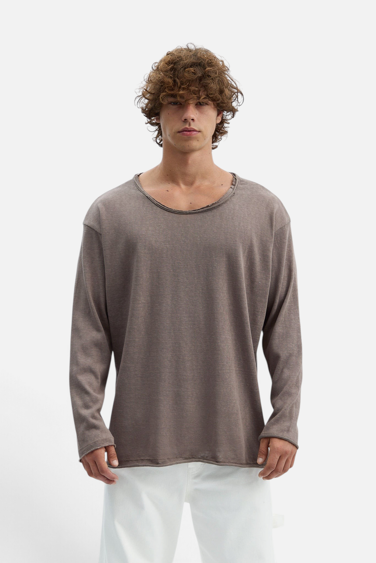 Mainstreamonline oversized long sleeve Bali t-shirt in taupe with a raw edge neckline worn by a male model