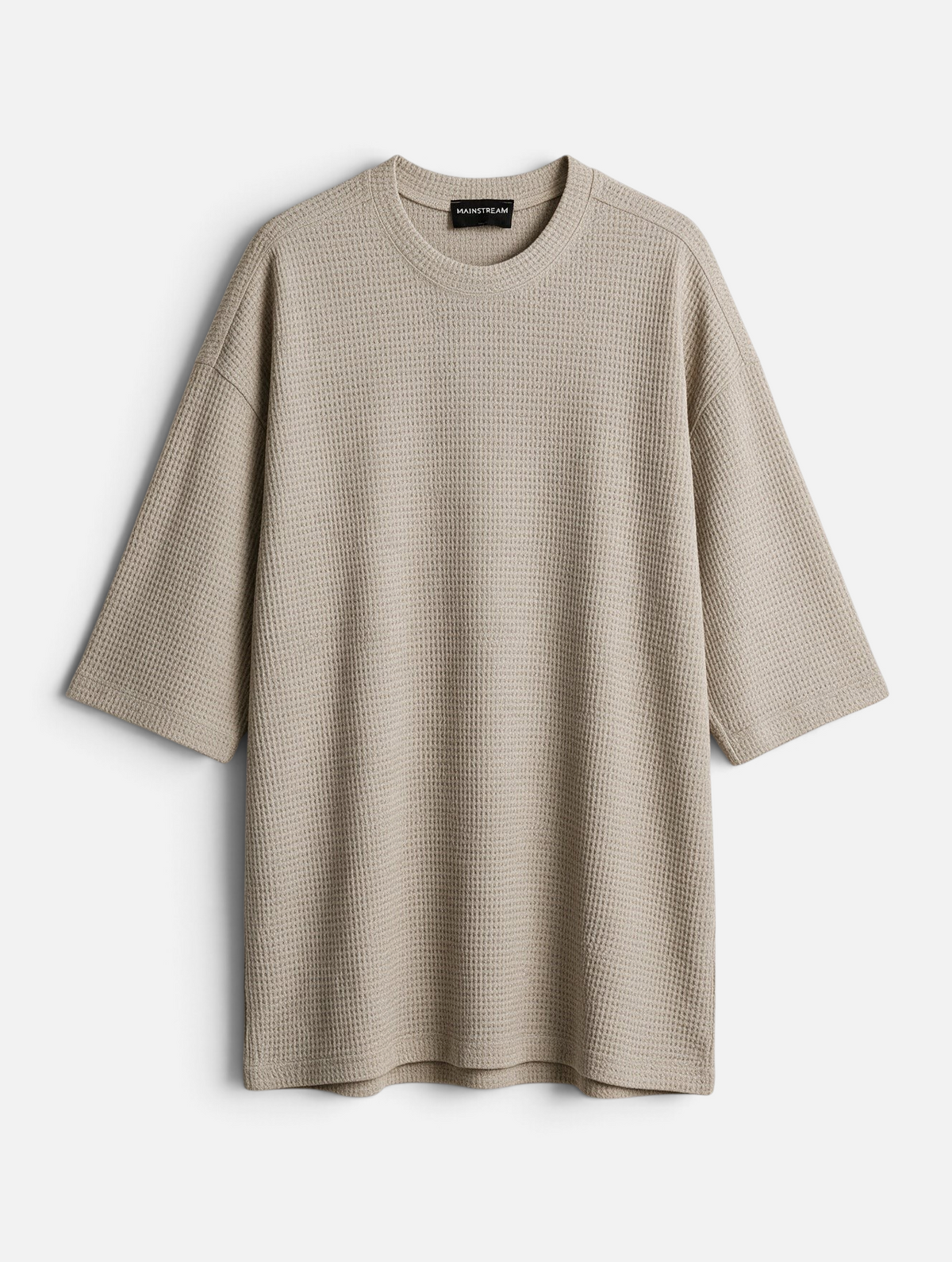Mainstreamonline beige waffle knit Capri T-shirt with a relaxed oversized fit and crew neckline.