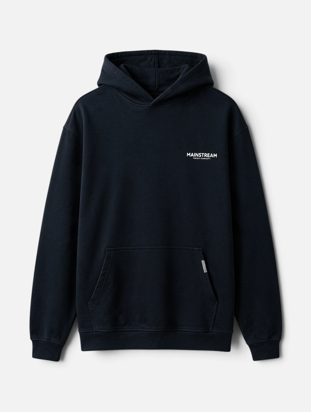 Mainstreamonline black oversized hoodie with a clean design, hood, and front kangaroo pocket on a light background