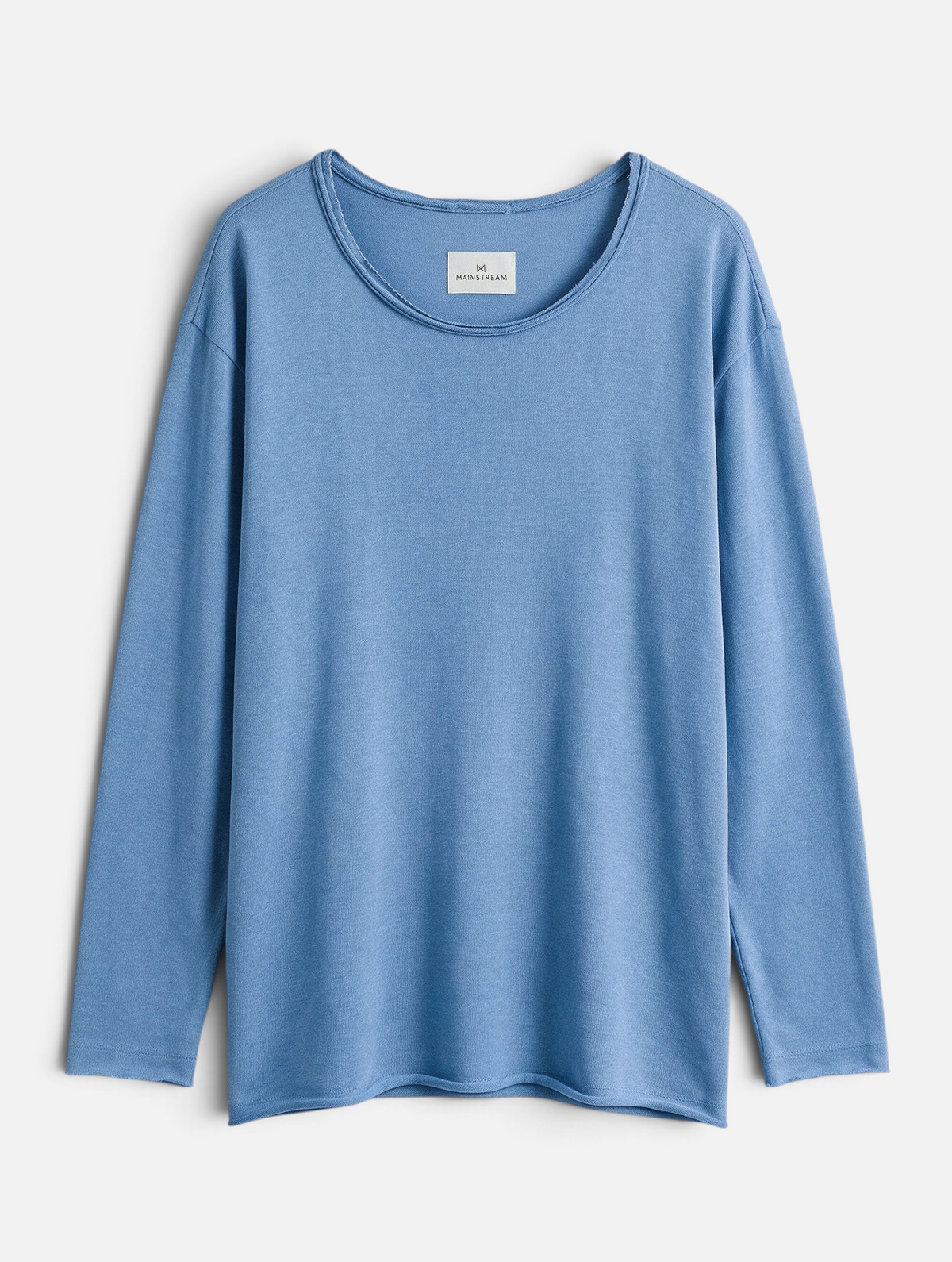 Mainstreamonline blue long sleeve oversized Bali t-shirt with a relaxed fit and raw edge neckline