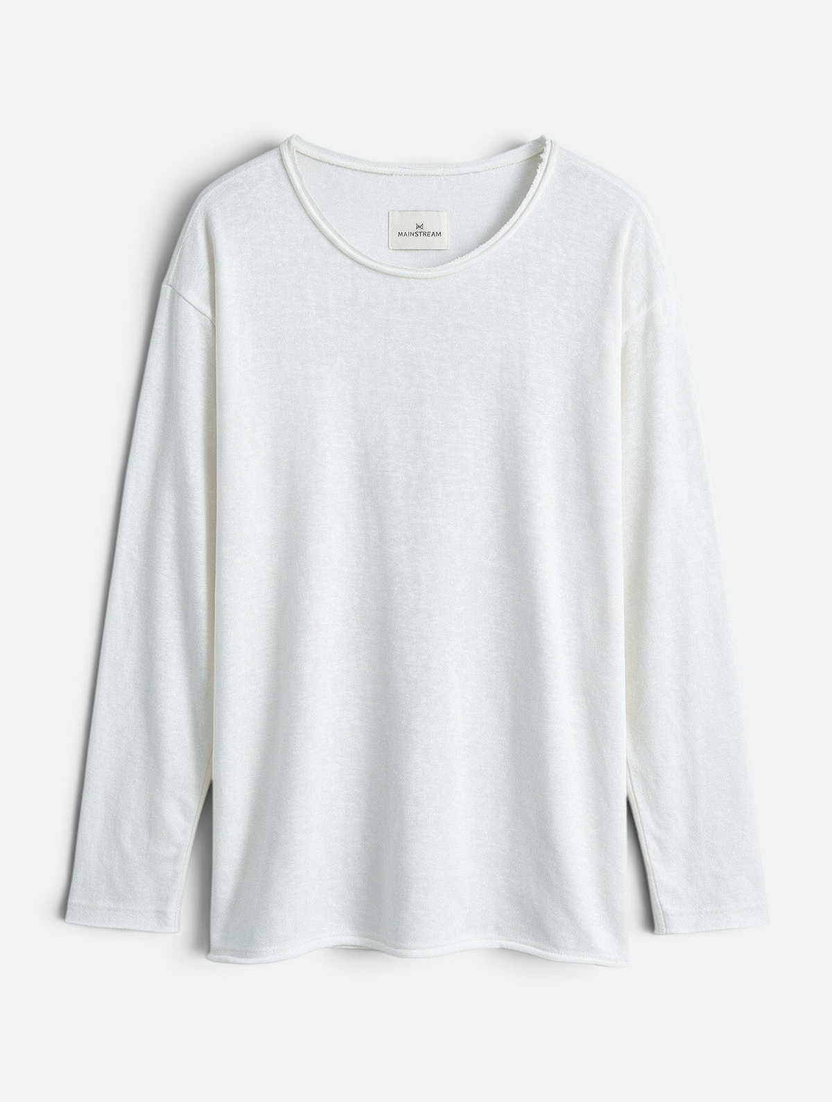 Mainstreamonline white long sleeve oversized t-shirt with a relaxed fit and raw edge neckline