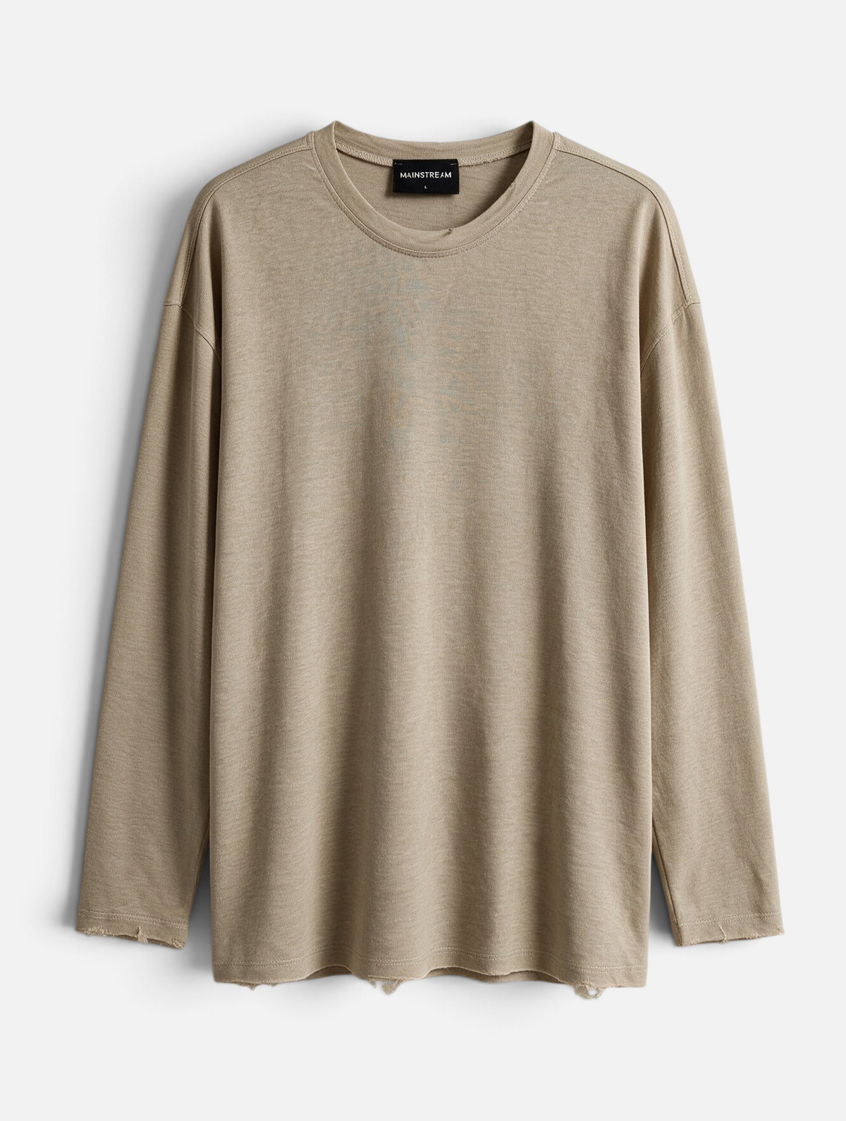 Mainstreamonline beige long sleeve linen slub t-shirt with a relaxed oversized fit and raw edge hem details.