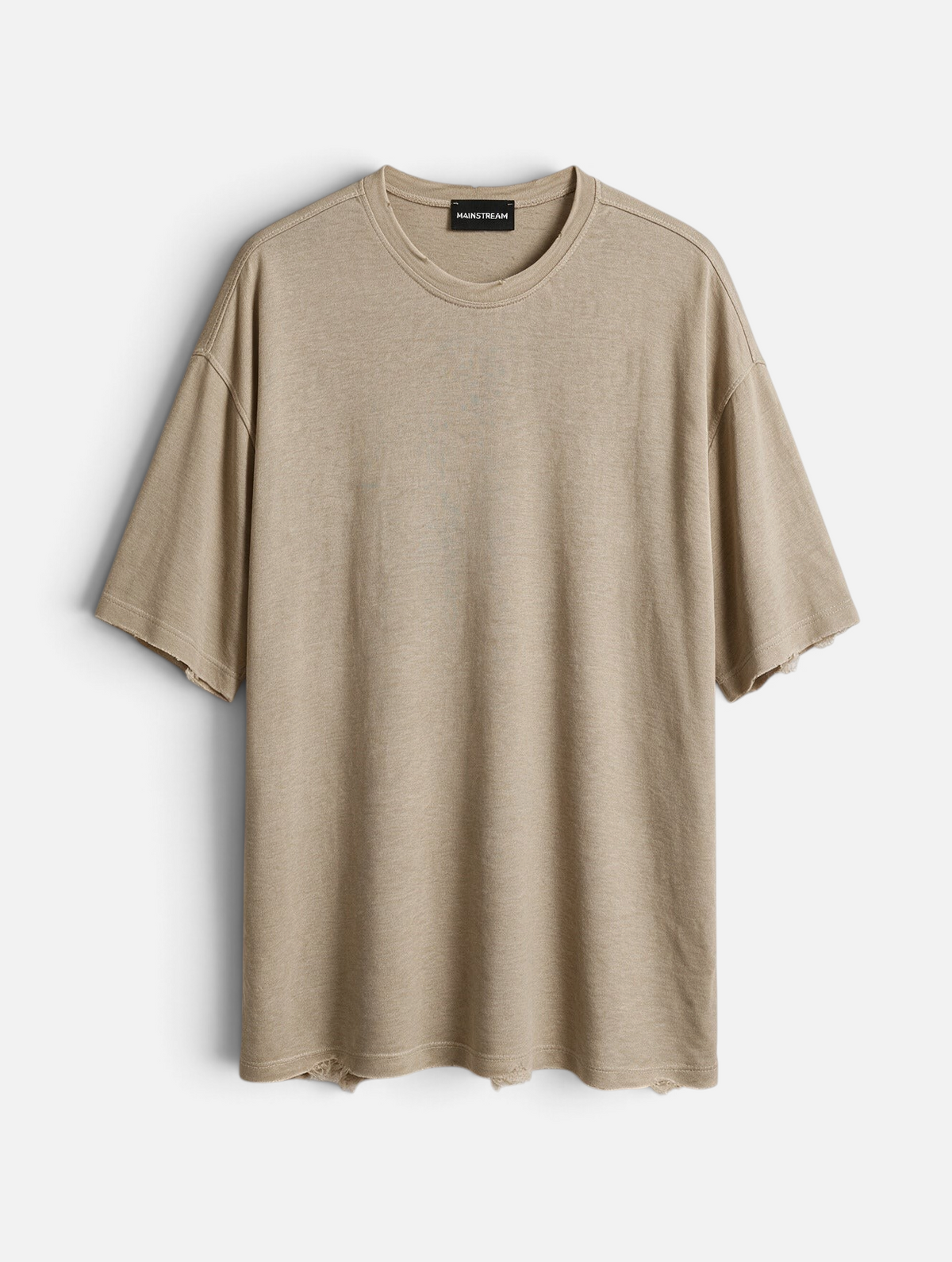 Mainstreamonline beige linen blend oversized t-shirt with raw edge hem and sleeves