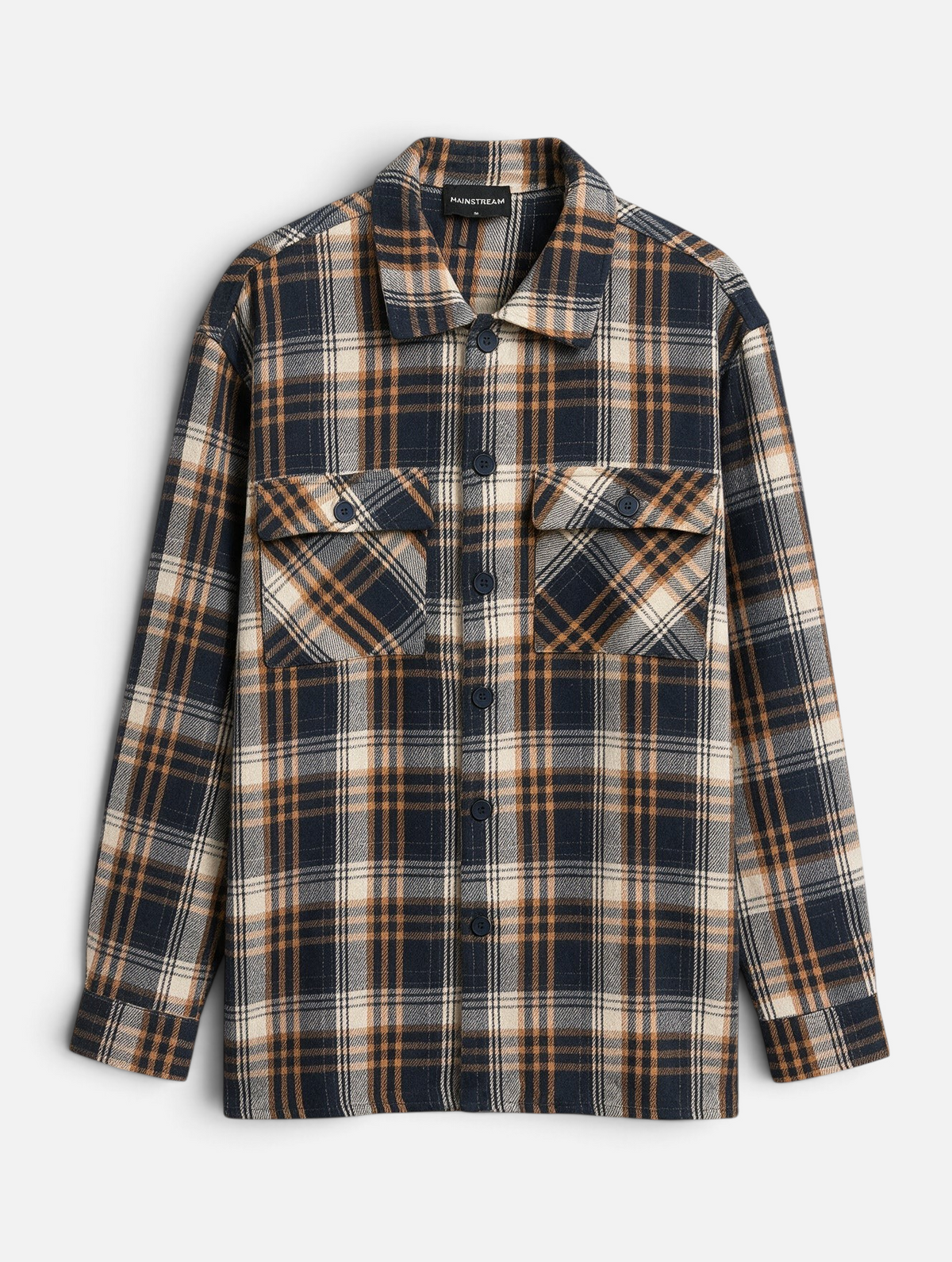 Mainstreamonline plaid jacket in navy and tan with a classic collar, button-down front, and two chest pockets.
