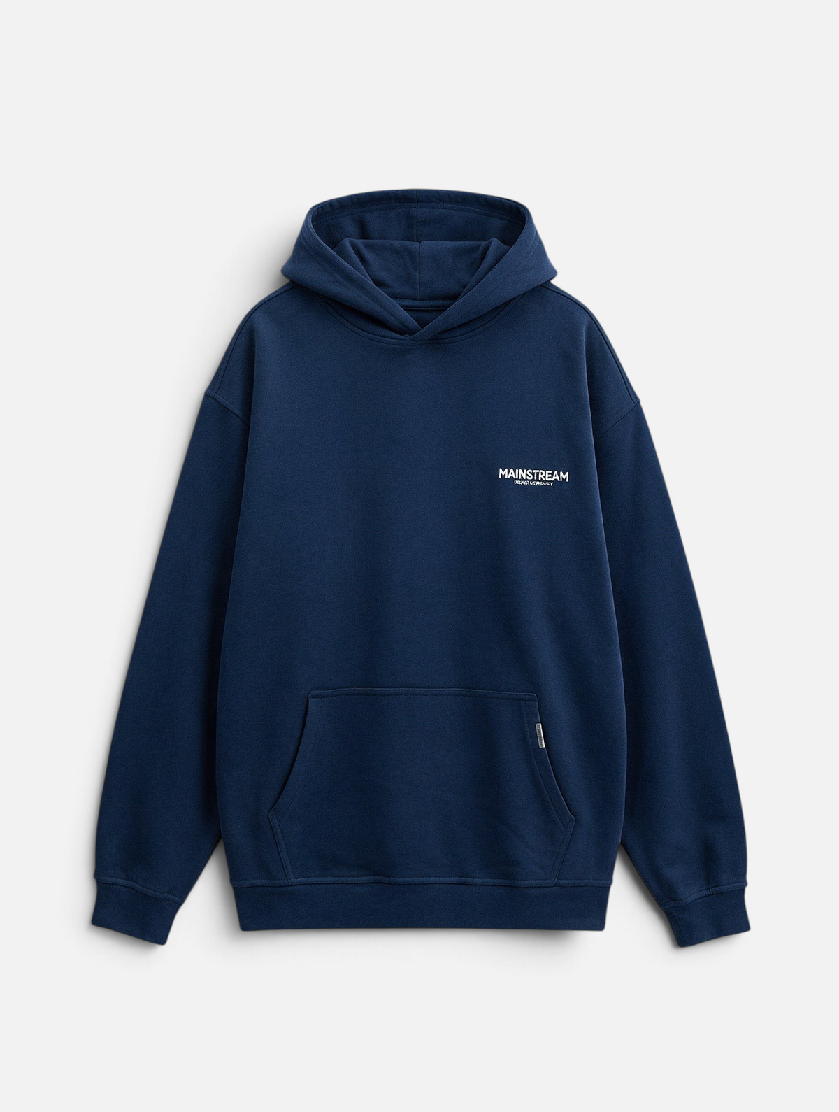 Mainstreamonline navy blue oversized hoodie with a relaxed fit, front kangaroo pocket, and small chest logo print.
