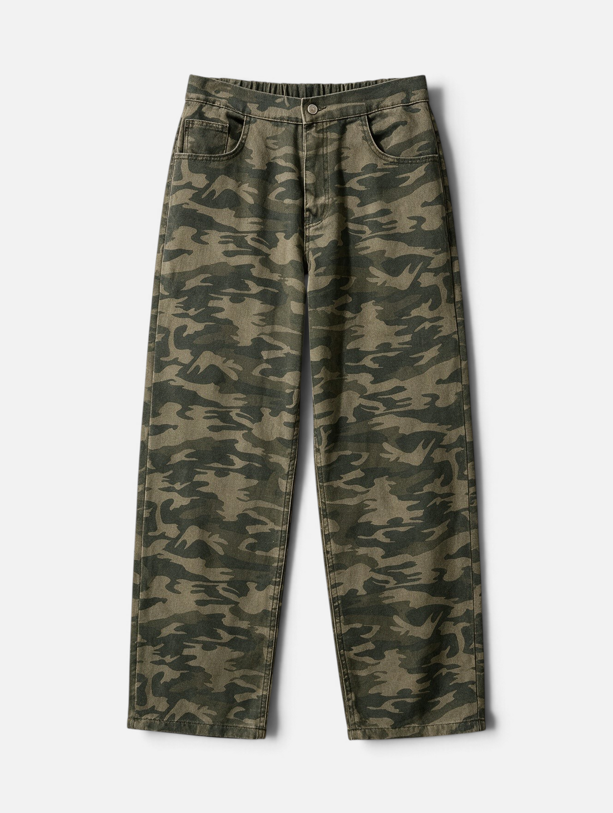 Mainstreamonline baggy army jeans in green camouflage print with a relaxed wide-leg fit and elasticated waistband.