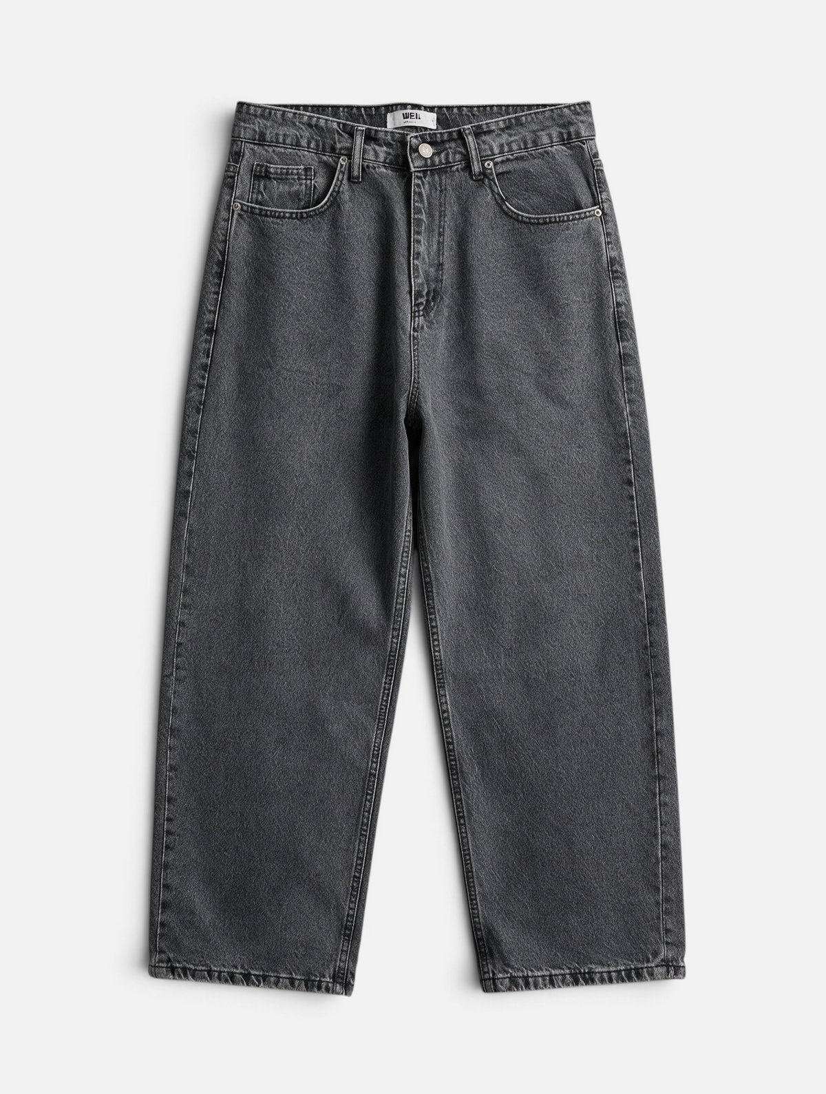 Mainstreamonline baggy skater jeans in washed charcoal grey denim with a relaxed wide-leg fit.
