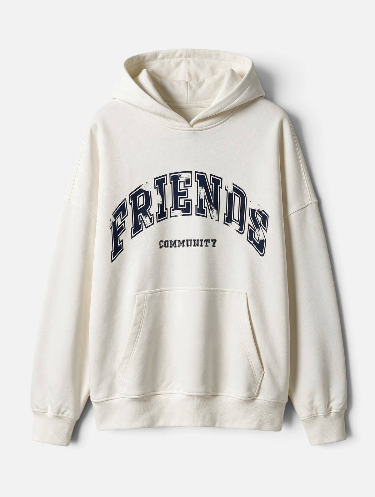 Mainstreamonline oversized cream hoodie with Friends Community graphic print and front kangaroo pocket