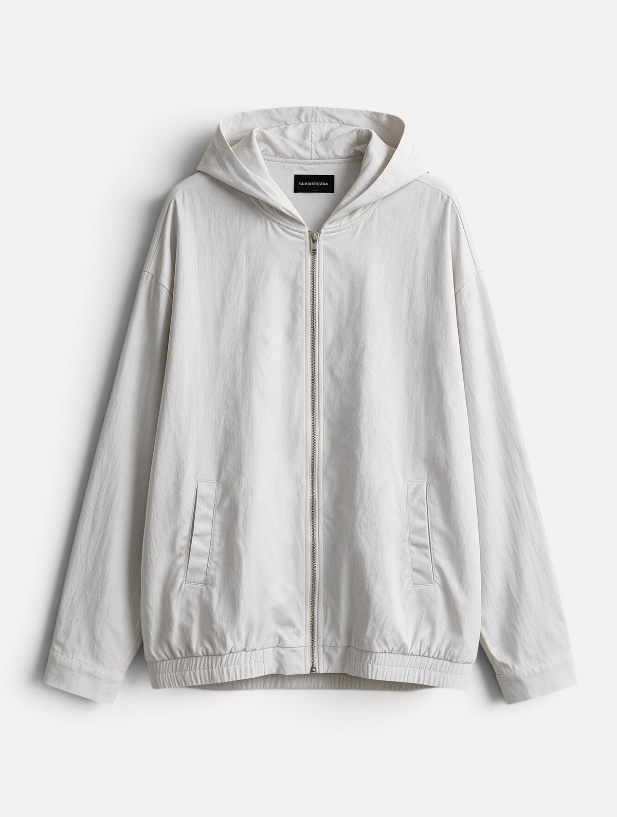 Mainstreamonline beige nylon zip-up hooded jacket with a classic straight fit and front pockets