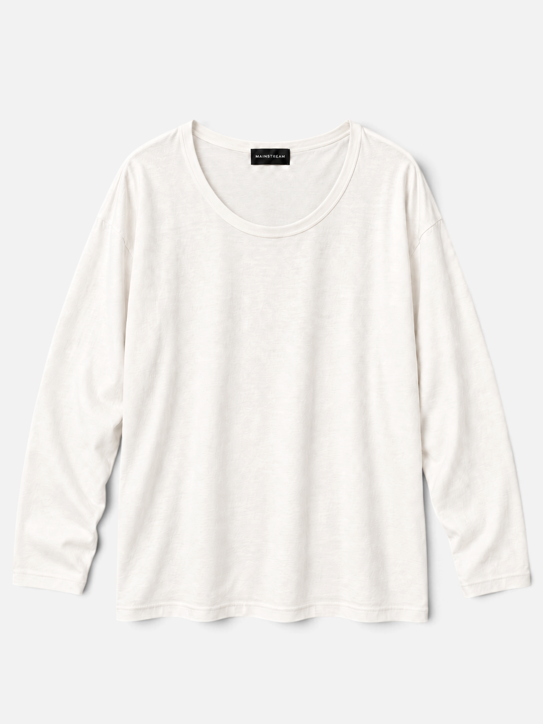 Mainstreamonline Niki long sleeve t-shirt in off-white with a relaxed, oversized fit and wide scoop neckline.