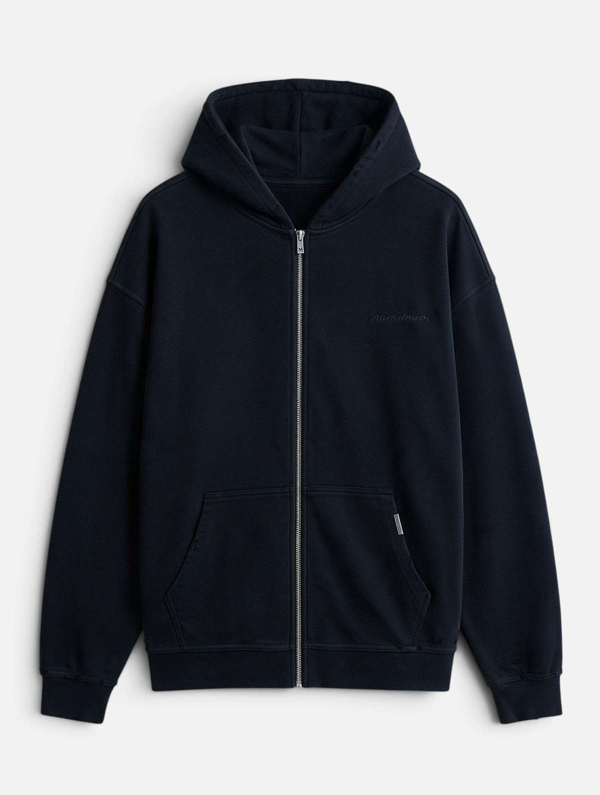 Mainstreamonline Rifts oversized black zip-up hoodie with a relaxed fit and subtle embroidered logo