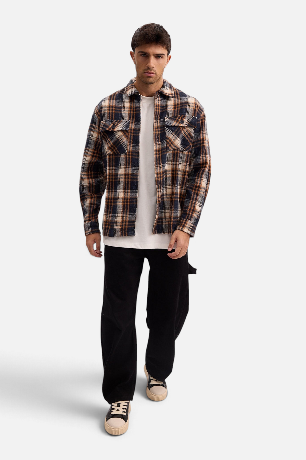 Mainstreamonline plaid jacket in brown and navy worn by a man with a white t-shirt and black trousers