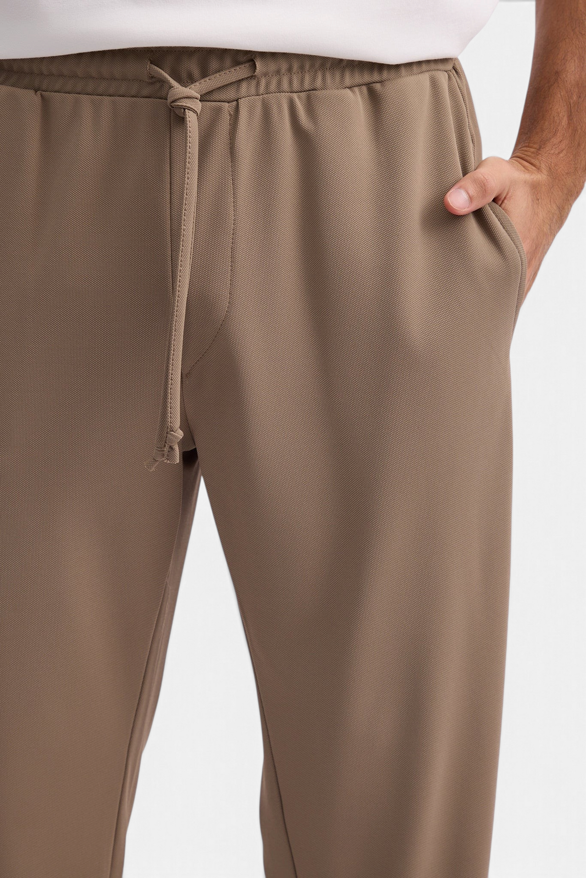 Mainstreamonline Sol casual pants in taupe with elastic drawstring waist and side pockets, straight relaxed fit.