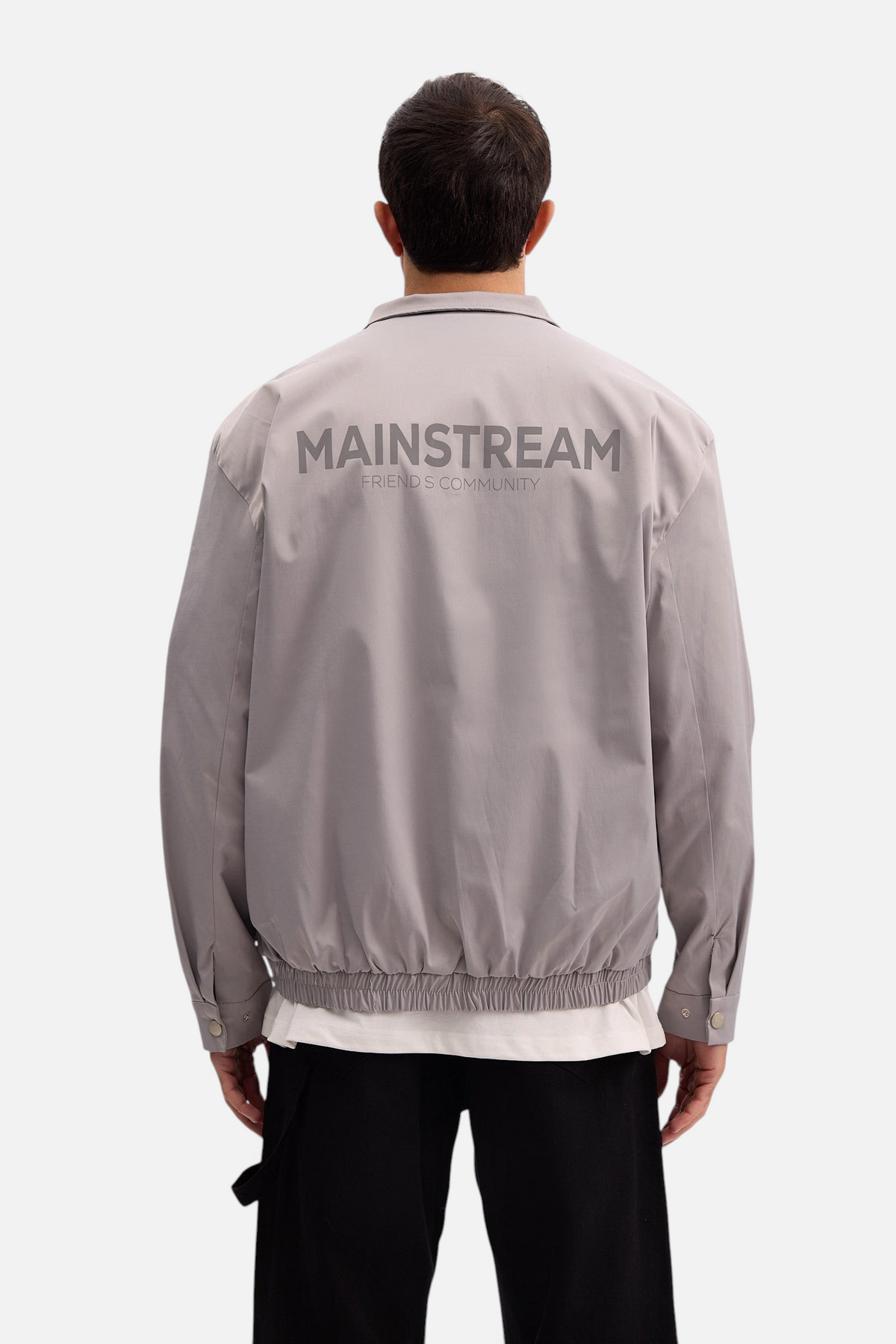 Mainstreamonline grey nylon jacket with back logo print, featuring a classic straight fit and elasticated hem