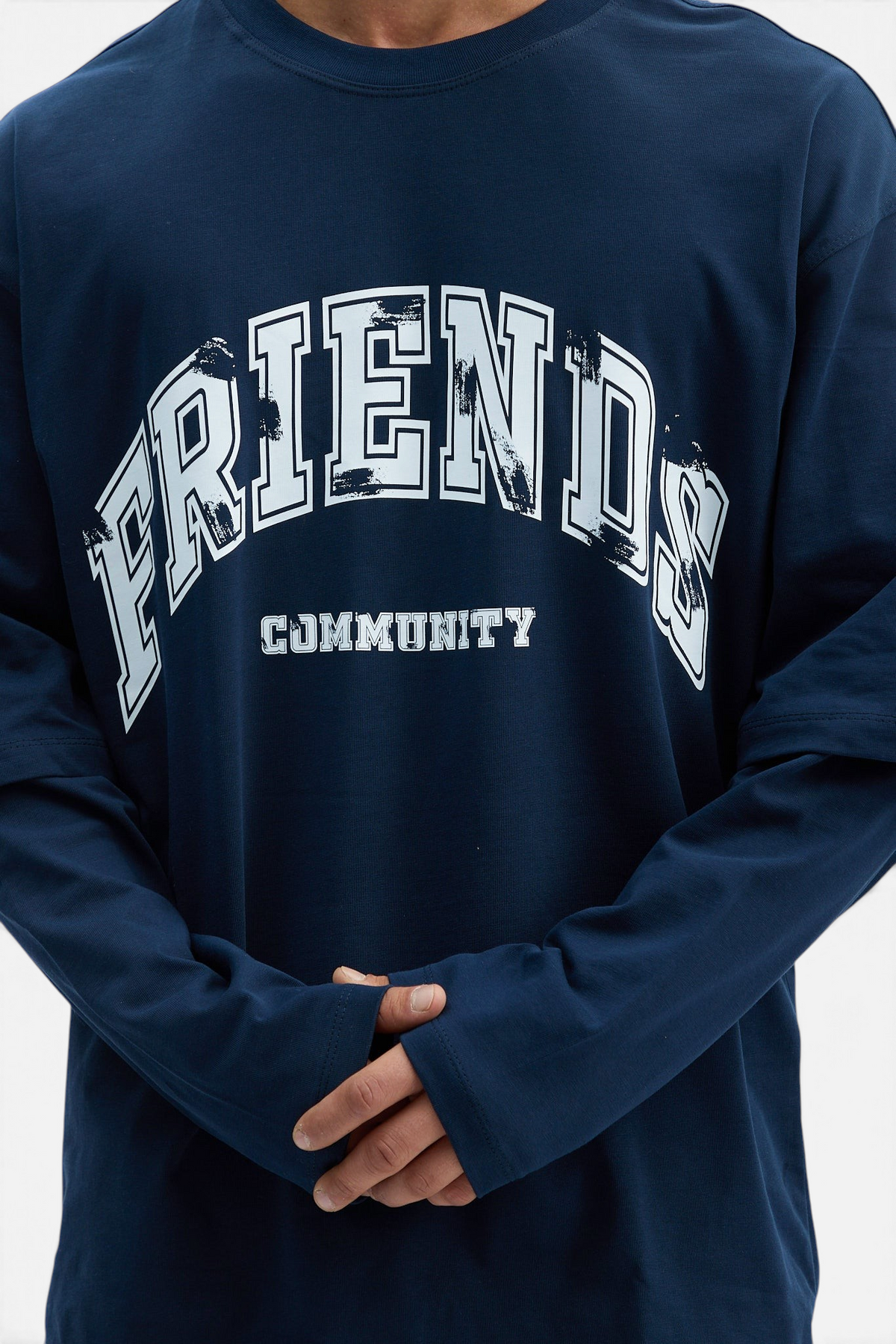 Mainstreamonline navy blue oversized long sleeve t-shirt with white distressed Friends Community graphic print